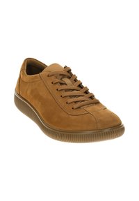 Sneakers in suede marrone con lacci, punta arrotondata e suola in gomma testurizzata, dotati di cuciture rinforzate e lacci tonali.