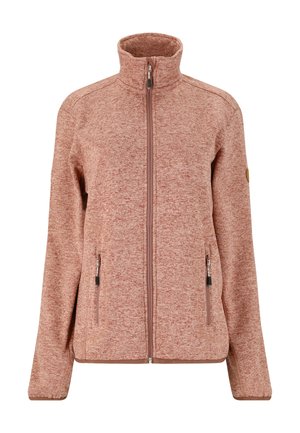 Fleecejacka i ljusrosa, med hög krage, hel dragkedja, två sidofickor och ett texturerat tyg. Accentuerad med en logotyp på ärmen.