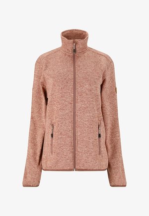 Fleece jacket in light pink, featuring a high collar, full zipper, two side pockets, and a textured fabric. Accented with a logo on the sleeve.