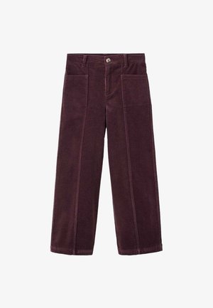 Cordflorsbyxor i djup burgundy med vida ben. Har två framfickor och en framknappsstängning. Strukturerad tyg.