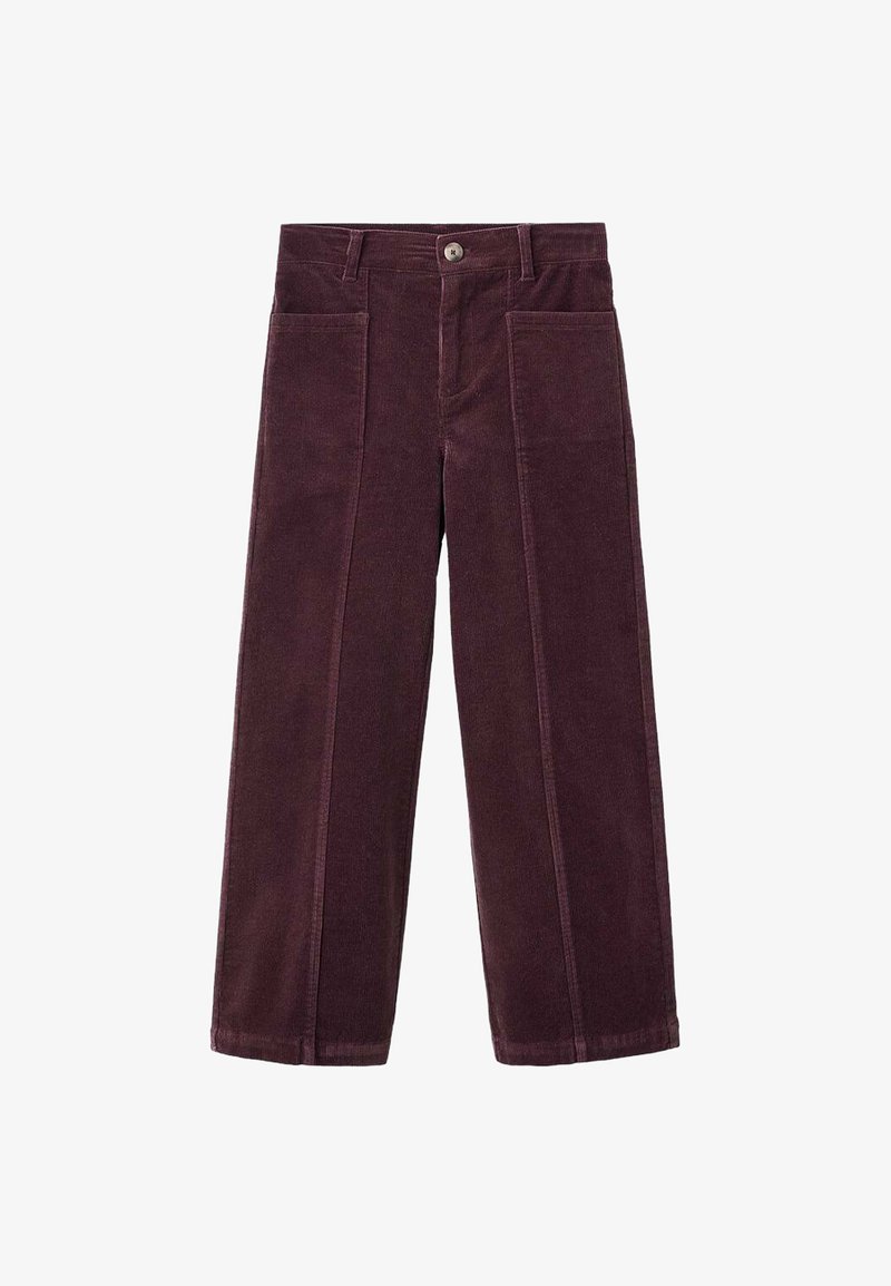 Hlače iz kordura v globoki burgundski barvi s širokim krojem. Imajo dva sprednja žepa in sprednje zapiranje na gumb. Teksturirana tkanina.