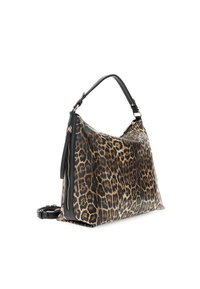 Axelväska i leopardmönster med svarta detaljer, dragkedjestängning och avtagbar rem. Tillverkad av texturerat material med en strukturerad form.