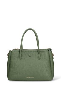 Borsa a mano in pelle verde con trama, due manici corti, chiusura con cerniera e dettagli in metallo dorato. Logo del marchio ben visibile sulla parte frontale.