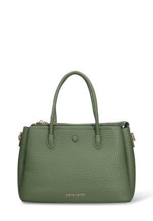 Borsa a mano in pelle verde con trama, due manici corti, chiusura con cerniera e dettagli in metallo dorato. Logo del marchio ben visibile sulla parte frontale.