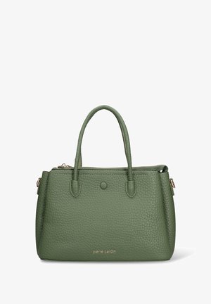 Green textured leather handbag with two short handles, zip closure, and gold hardware accents. Notable brand logo on the front.
