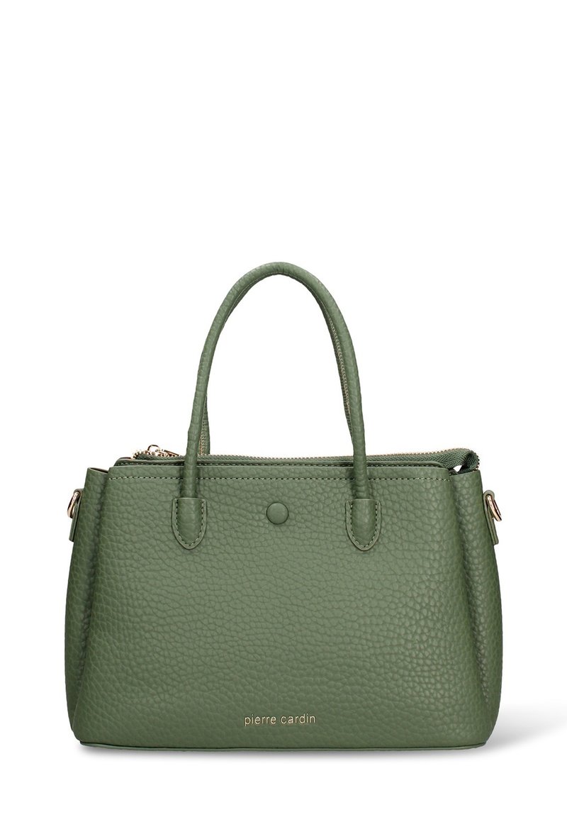 Borsa a mano in pelle verde con trama, due manici corti, chiusura con cerniera e dettagli in metallo dorato. Logo del marchio ben visibile sulla parte frontale.