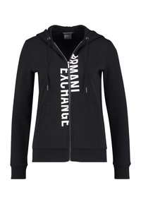 Felpa nera con zip realizzata in tessuto morbido, caratterizzata da un logo verticale centrale bianco "ARMANI EXCHANGE", con due tasche laterali e cordini regolabili.