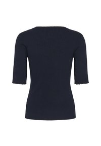 Marineblauwe ribgebreide trui met korte mouwen en een geschulpte zoom, voorzien van een ronde halslijn en een nauwsluitend silhouet.