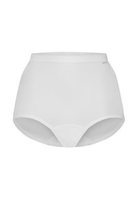 Culotte blanche en coton taille haute avec une texture lisse, ceinture élastiquée et sans coutures visibles. Design simple et sans couture.