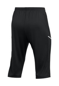 Schwarze Sportshorts aus glattem, leichtem Stoff, mit einem elastischen Bund, knielanger Schnitt und einem weißen seitlichen Akzent.