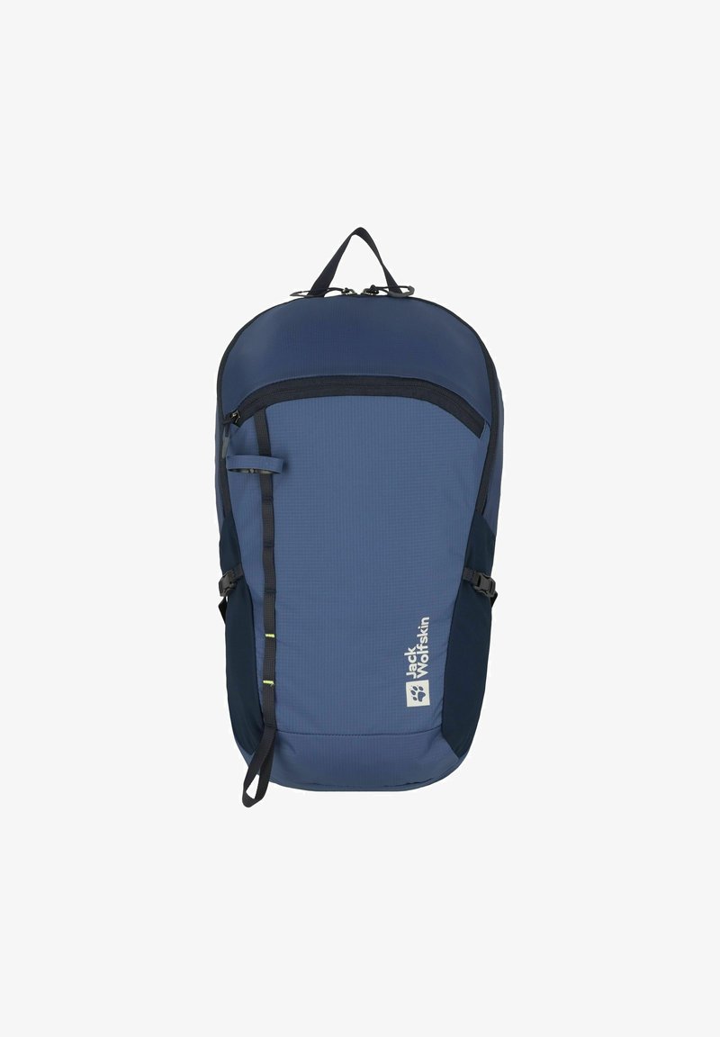 Zaino blu navy con tessuto texturizzato, parte superiore curva, tasca frontale con zip, cinturini laterali e dettaglio del logo. Spallacci regolabili e imbottiti.