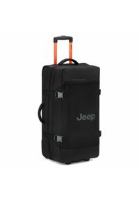 Bagaglio nero con manico telescopico arancione, due maniglie laterali e cinturini laterali. Presenta il logo Jeep e una chiusura superiore con zip. Materiale resistente, design rettangolare.