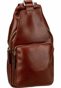 Sac à bandoulière en cuir marron avec une texture lisse, doté de doubles zips, d'une poche avant et d'une bandoulière réglable. Design compact et angulaire.