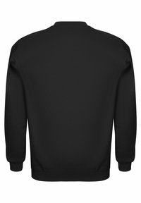 Sudadera negra con escote redondo y mangas largas. Presenta una textura suave con puños y dobladillo acanalados. Sin logotipos ni patrones visibles.