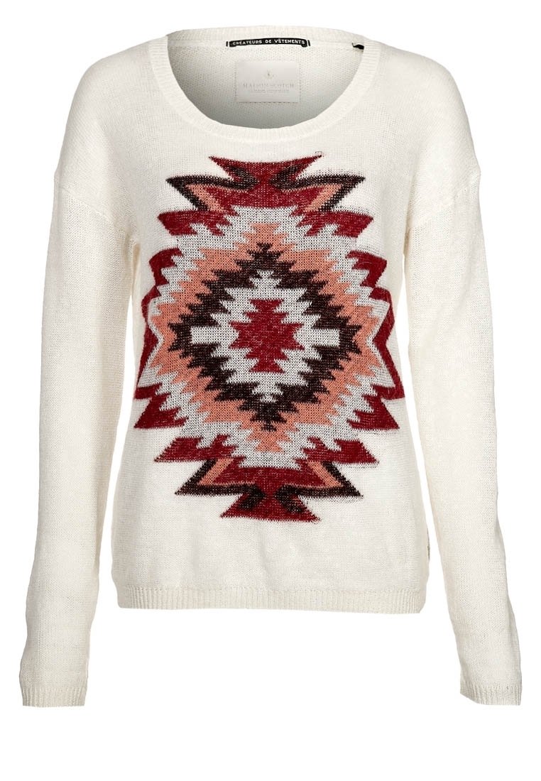 Sweter dziany w kolorze kremowym z geometrycznym wzorem w czerwonym, czarnym i różowym kolorze. Posiada okrągły dekolt i długie rękawy, wykonany z miękkiego, teksturowanego materiału.