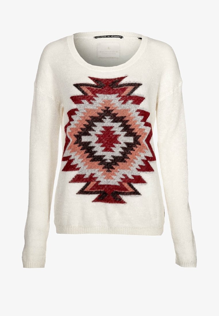 Knit sweater in cream with a geometric red, black, and pink pattern. Features a crew neck and long sleeves, made from soft, textured material.
