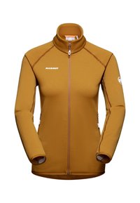 Giacca arancione Mammut con zip, colletto alto, maniche lunghe e tasche laterali. Presenta cuciture a contrasto e logo sul petto.