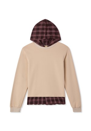 Top beige a maniche lunghe con cappuccio e orlo a quadretti color bordeaux. Tessuto morbido con dettagli testurizzati. Cappuccio foderato con motivo a scacchi.