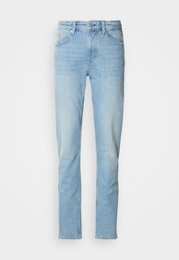 Light blue jeans made of denim, featuring a straight leg design, five pockets, belt loops, and a button fly closure.
