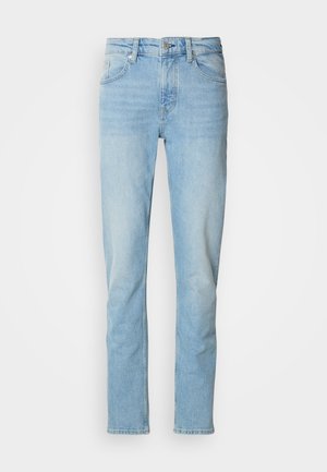 Jeans de culoare albastră deschisă, fabricate din denim, cu un design drept, cinci buzunare, bucle pentru curea și închidere cu nasture.