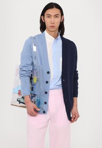 Cardigã bicolor com o lado esquerdo em azul claro e o lado direito em azul marinho, combinado com uma camisa azul clara e calças quadriculadas rosa claro. Saco tote transparente com design gráfico.