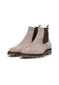 Botas Chelsea de ante gris con un panel lateral elástico negro y una lengüeta gris. Suela de goma marrón con un diseño texturizado y con dibujo.