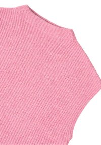 Ribbed knit sweateri pehmeas roosas, millel on ümmargune kaelus ja lühikesed varrukad. Tekstuur on sile ja ühtlane vertikaalne muster.