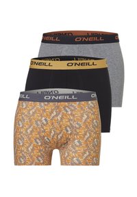 Drie paar O'Neill boxershorts: één zwart, één grijs en één met een bloemenpatroon in oranje en blauw. Allemaal hebben ze een elastische tailleband.
