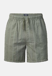 Shorts texturés vert clair avec des rayures verticales, taille élastique et cordon à l'avant.