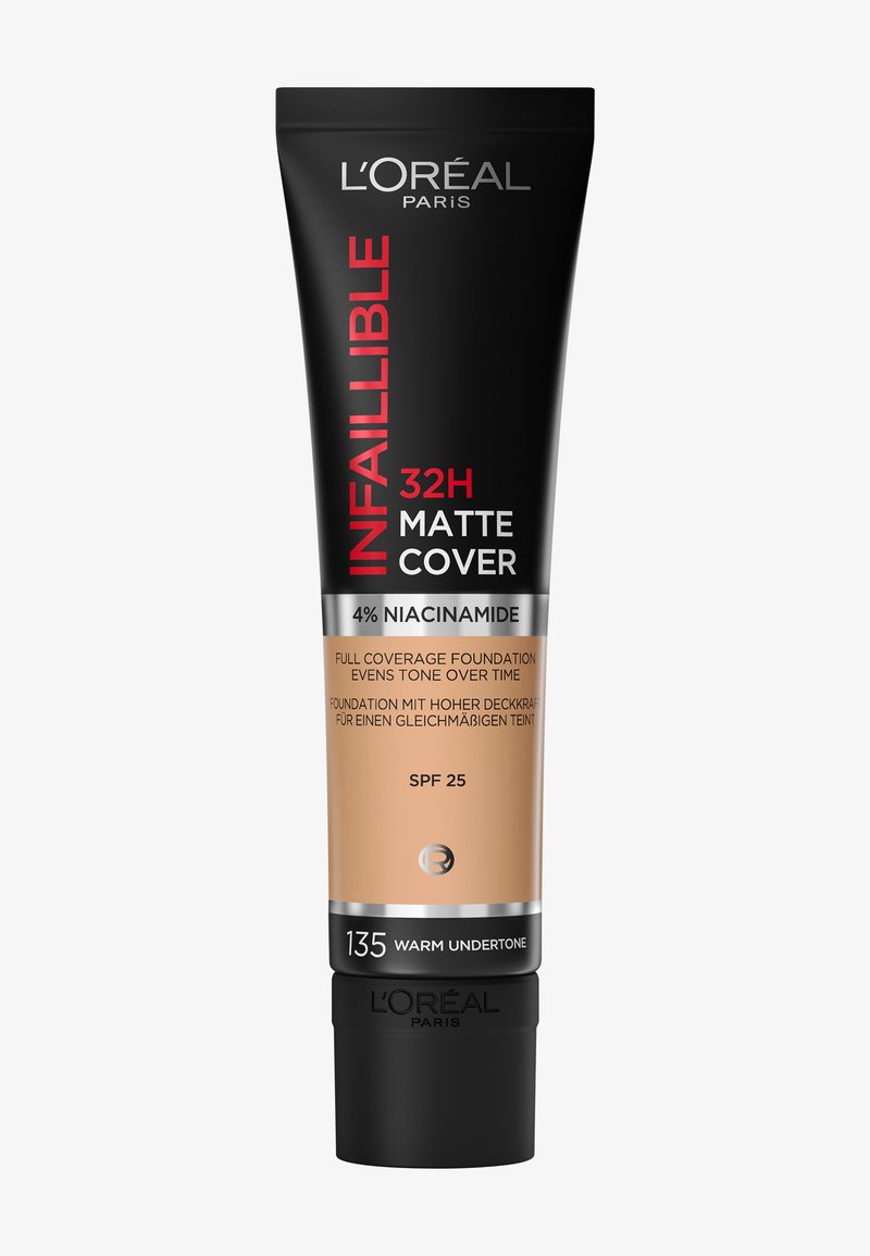 L'Oréal Infaillible 32H matte cover foundation tube, shade 135 warm undertone, 4% niacinamide, SPF 25, full coverage, beige color.