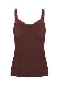 Top in bordeaux realizzato in tessuto morbido, con spalline regolabili e bordo in pizzo lungo il décolleté. Design classico, forma aderente.