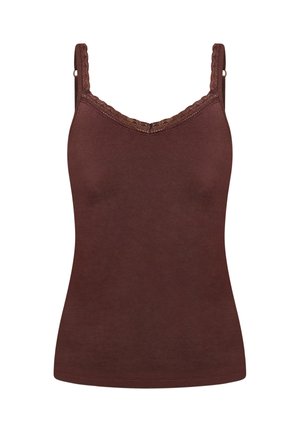 Bordowy top na cienkich ramiączkach wykonany z miękkiego materiału, z regulowanymi ramiączkami i koronkowym wykończeniem wzdłuż dekoltu. Klasyczny krój, dopasowany fason.