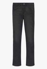 Jeans de mezclilla negra con corte recto, cinco bolsillos, costuras sutiles y un cierre clásico de botón y cremallera. Textura suave.