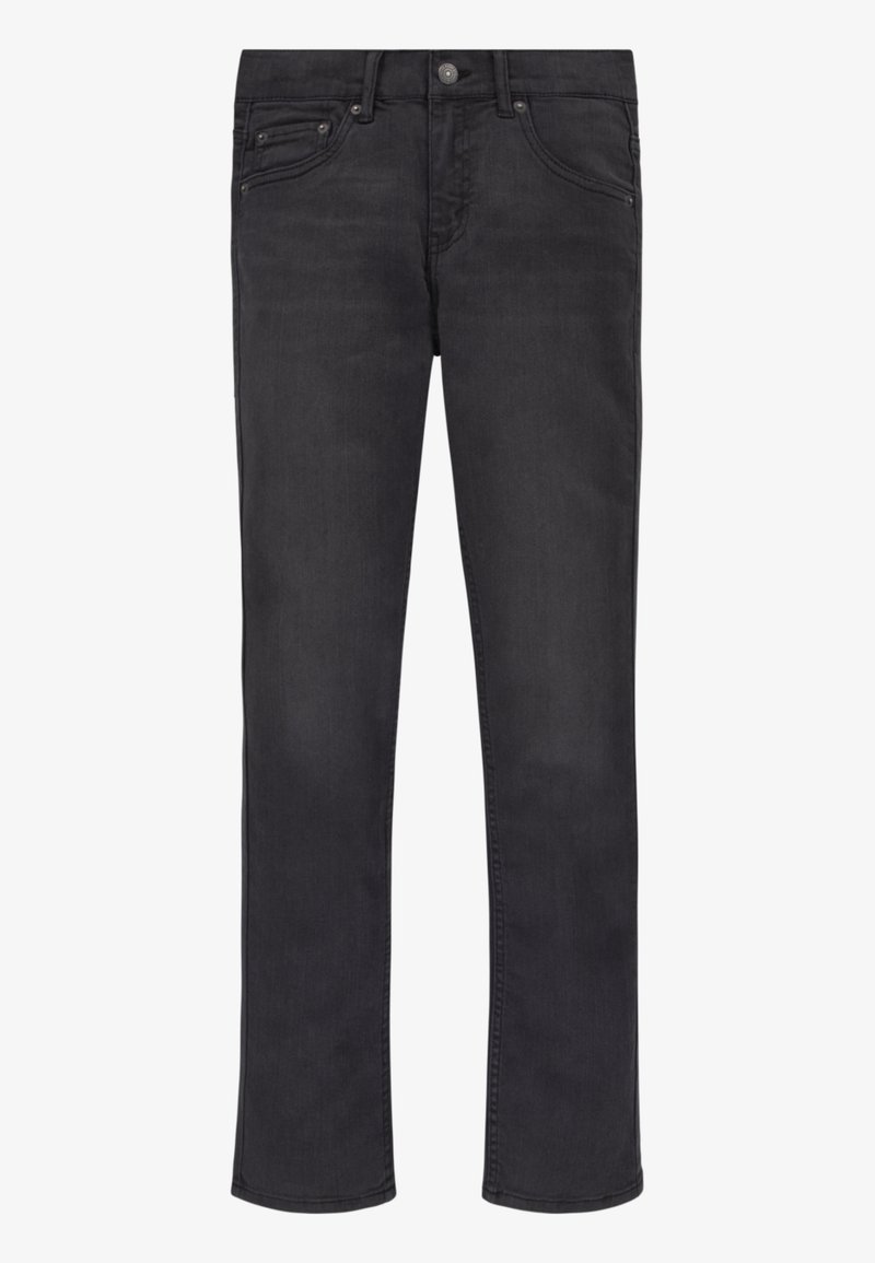 Jeans de mezclilla negra con corte recto, cinco bolsillos, costuras sutiles y un cierre clásico de botón y cremallera. Textura suave.