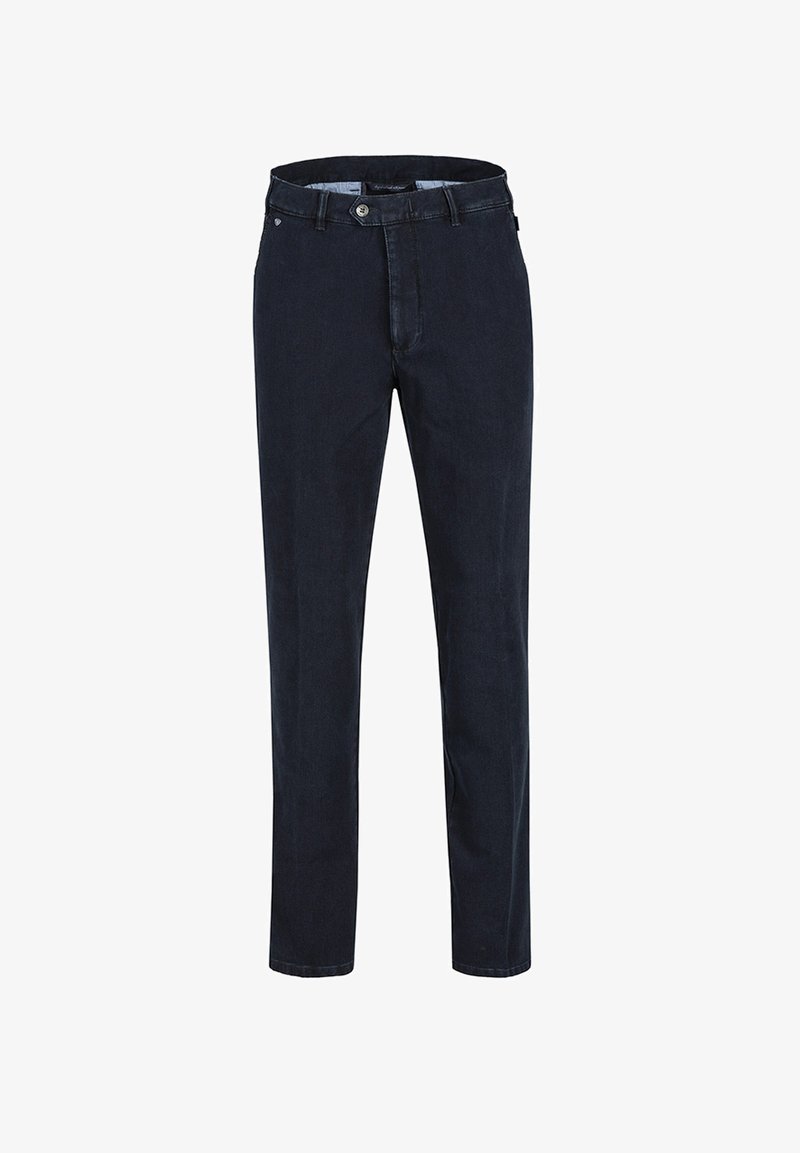 Dark blue denim trousers with a straight-leg fit, button closure, two front pockets, and a smooth texture. No visible patterns or accents.