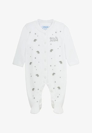 Balts zīdaiņu bodijs ar sudraba ziloņu dizainiem un zvaigznēm, ar izšūtu tekstu "Dzimis 2024". Izgatavots no mīksta auduma, ar podziņu aizdari.