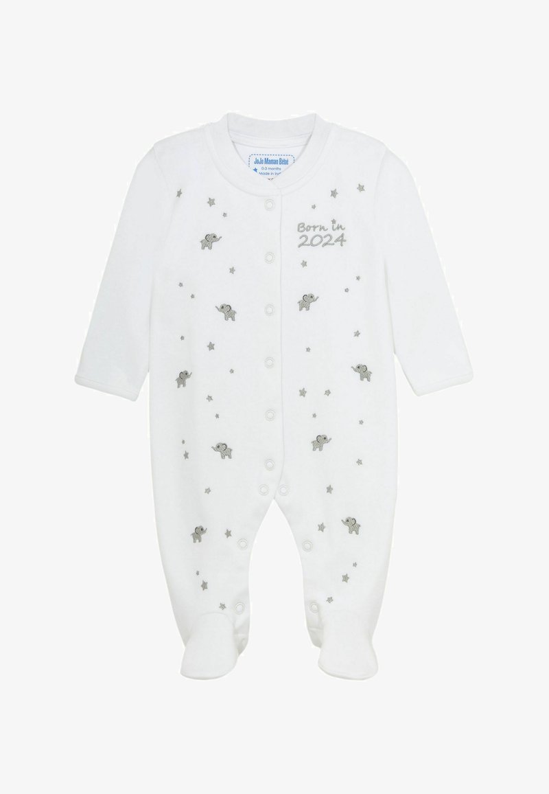 Biely detský overal s dizajnom strieborného slona a hviezdami, s vyšitou textom "Narodený v 2024". Vyrobený z mäkkej látky, s cvokovými uzávermi.