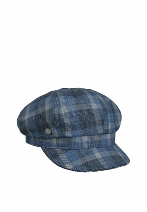 Blue and gray plaid flat cap with a short brim and a small round metal emblem on the side.