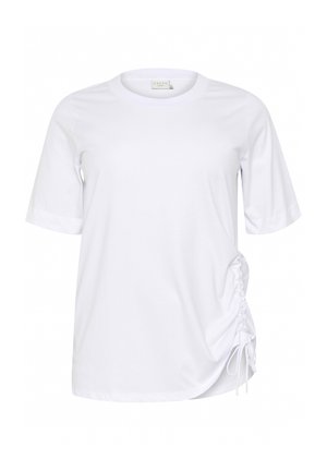 White short-sleeve T-shirt made of cotton with a rounded neck and gathered detailing on the left side, featuring drawstring accents.