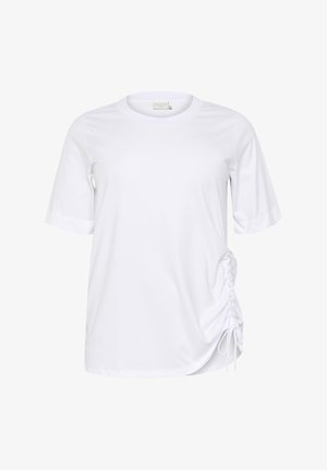 Biała koszulka z krótkim rękawem wykonana z bawełny, z okrągłym dekoltem i marszczeniami po lewej stronie, z dodatkowymi sznurkami.