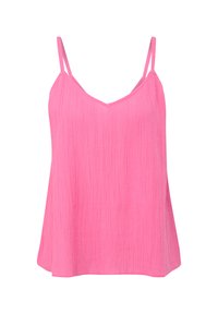 Top sans manches rose avec un décolleté en V, présentant un tissu texturé et des bretelles fines, coupé dans une forme ample et fluide. Pas de motifs ni de détails métalliques visibles.