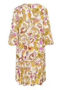 Abito a maniche lunghe color crema con motivi paisley e floreali nei toni del rosa, giallo e bordeaux. Presenta una vestibilità comoda e un design a strati.