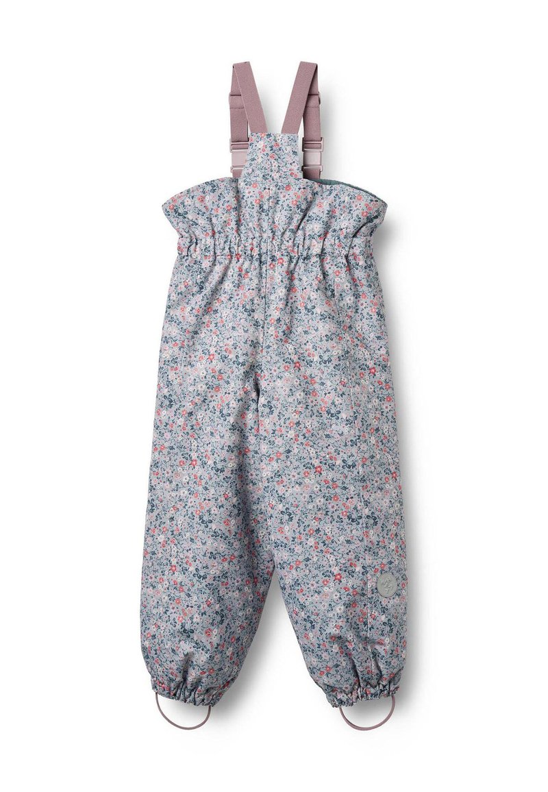 Waterproof overall in lichtgrijs met bloemenpatroon, voorzien van een elastische taille, verstelbare roze bandjes en enkelbandjes voor een goede pasvorm.