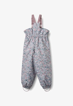 Floral-patterned, light grey waterproof overall with elasticized waist, adjustable pink straps, and ankle loops for a secure fit.