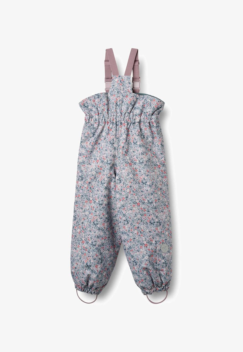 Waterproof overall in lichtgrijs met bloemenpatroon, voorzien van een elastische taille, verstelbare roze bandjes en enkelbandjes voor een goede pasvorm.