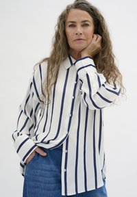 Nööpidega särk tumesiniste ja valgete vertikaalsete triipudega, pikkade varrukatega ja klassikalise kraega. Kangas näib kerge ja sile.