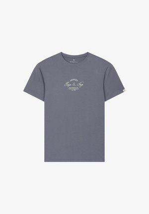 Grijs T-shirt met korte mouwen en witte tekst "Henley Harper & Neyer Royal Regatta Club" gecentreerd op de borst, ronde hals en een klein stoffen label aan de mouw.