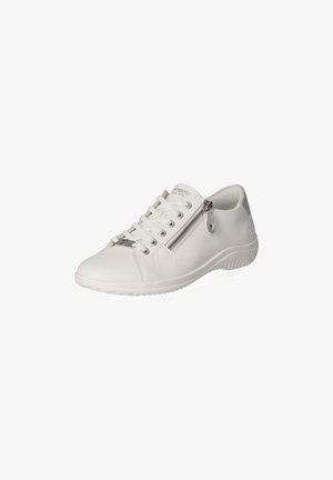 Weiße Ledersneaker mit glatter Textur, ausgestattet mit einem seitlichen Reißverschluss, Schnürung vorne, rundem Zeh und flexibler Gummisohle.
