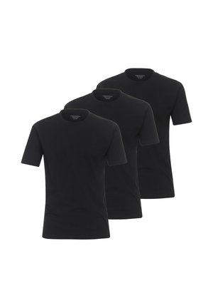 Tre t-shirt nere in cotone, con maniche corte, collo a giro e un design semplice senza decorazioni.