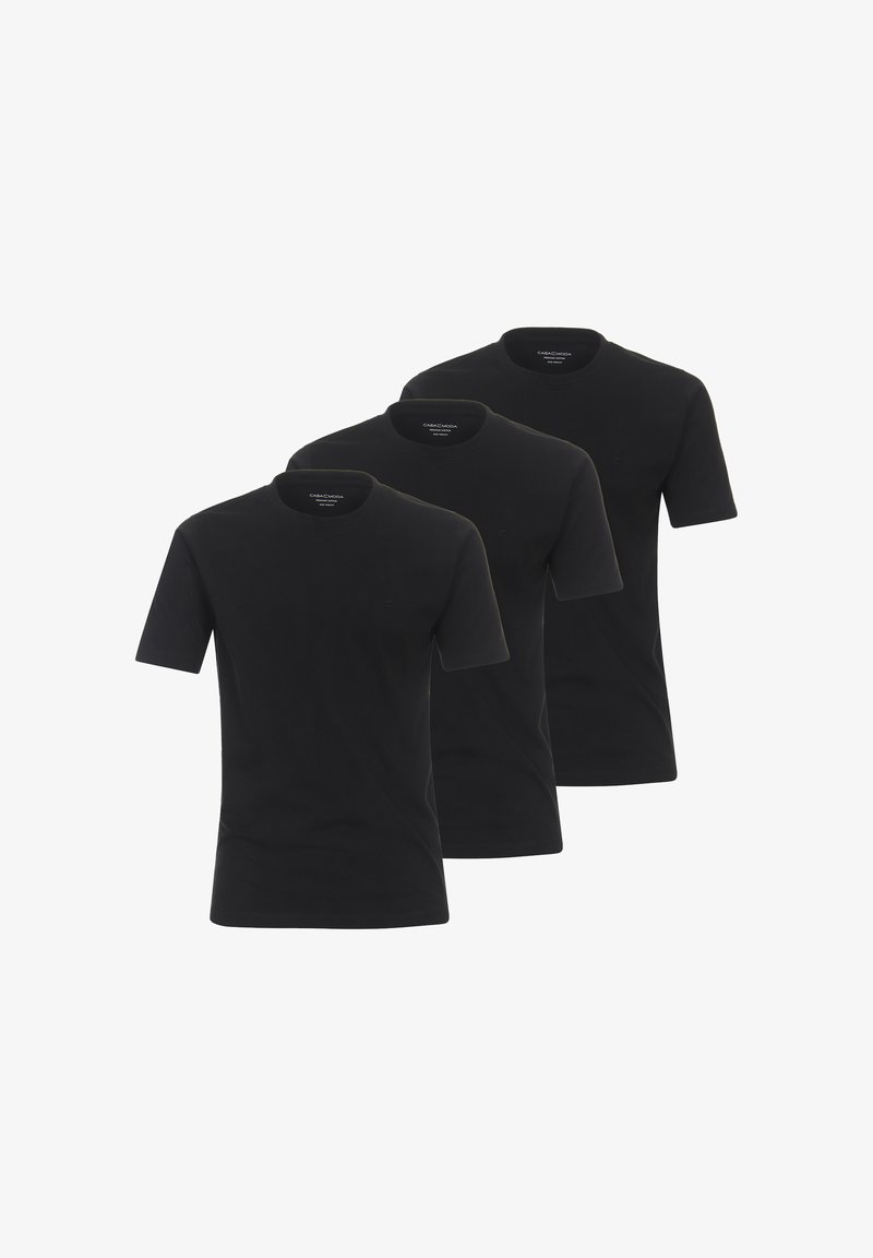 Drie zwarte t-shirts van katoen, met korte mouwen, een ronde hals en een eenvoudig ontwerp zonder versieringen.